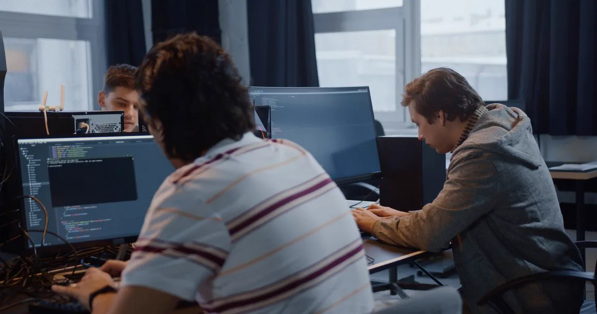 Two developers working together at a shared screen
