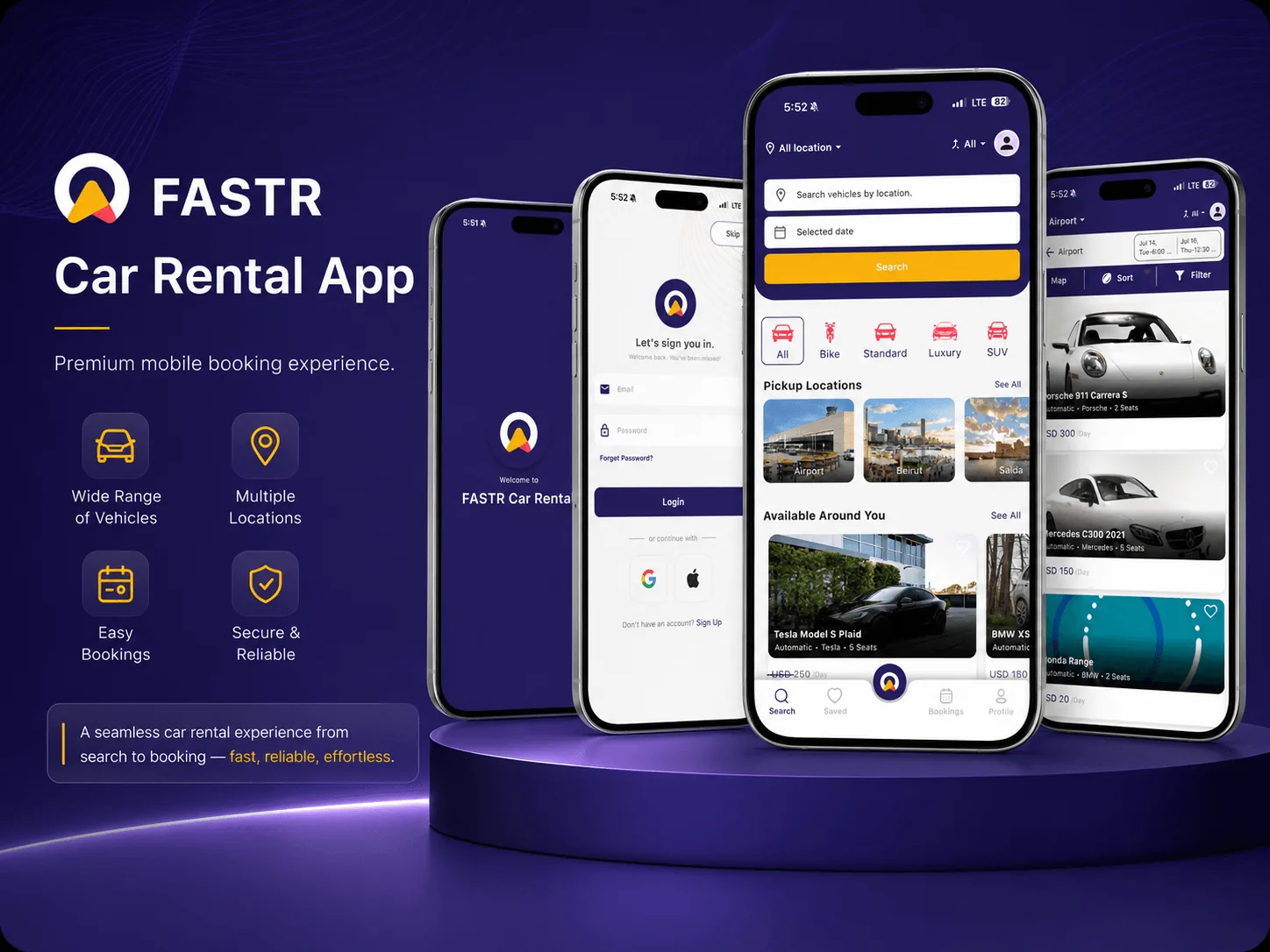 Fastr — car rental booking app screens