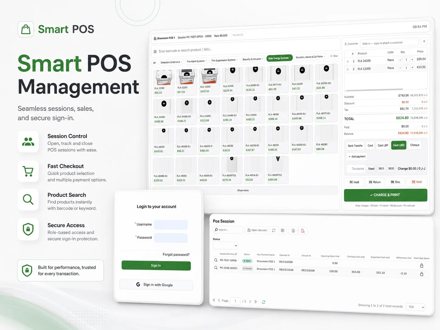 Smart POS — point of sale terminal, session management and secure sign-in screens